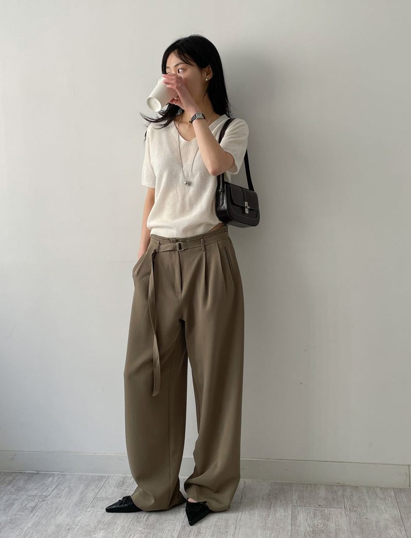 Marron Belted Two-Tuck Wide Slacks