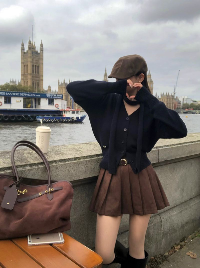 [3color] Mocha, suede pleated miniskirt