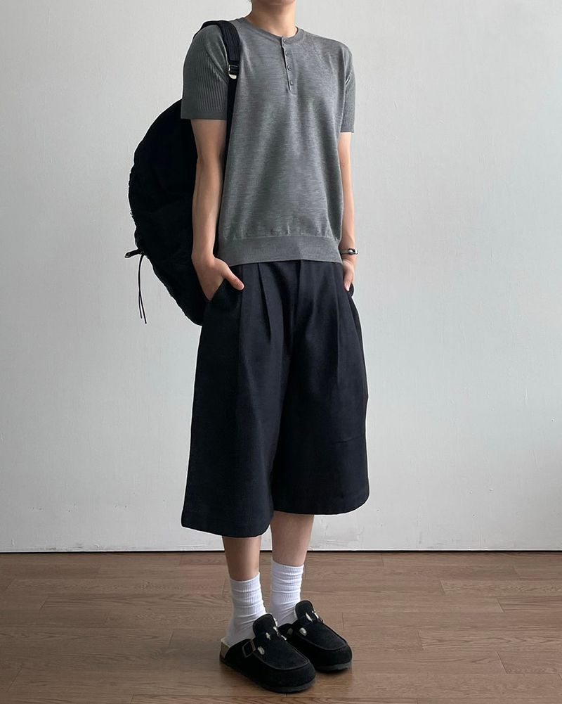 Needle Henley Neck Short Sleeve Knit