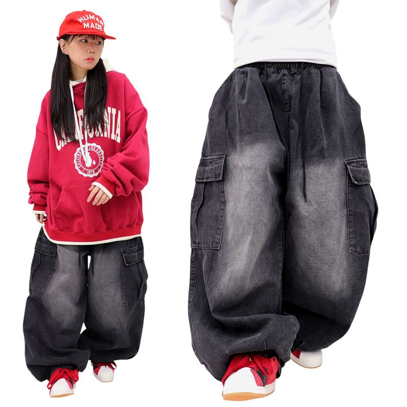 Vintage-Washed Denim Cargo Balloon Pants