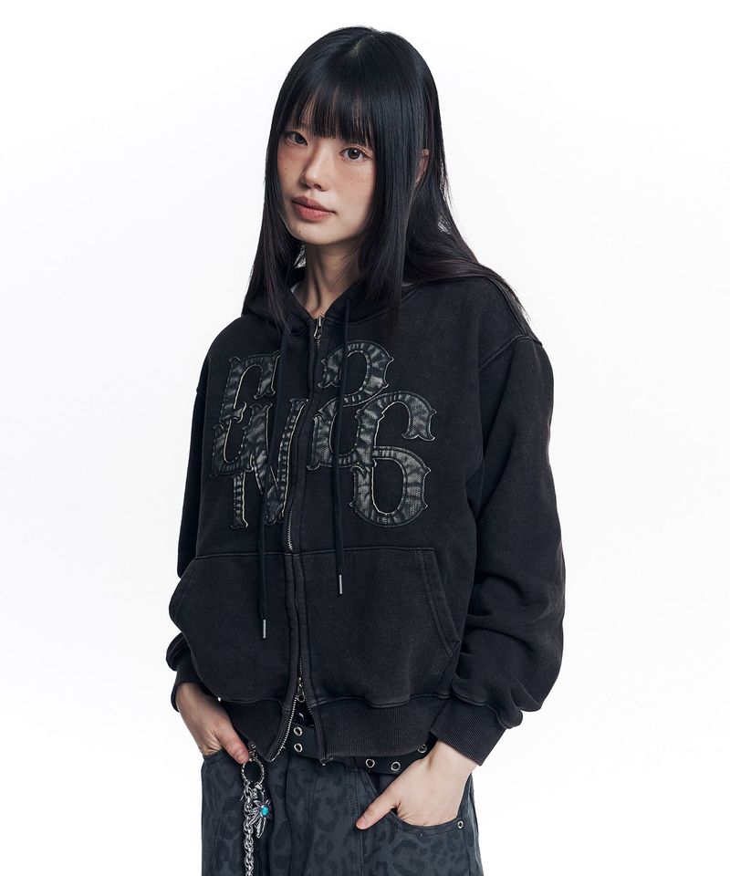 EASY NO EASY（イージーノーイージー）の「ウォッシュドレザーパッチフードジップアップ - ブラック（トップス）」