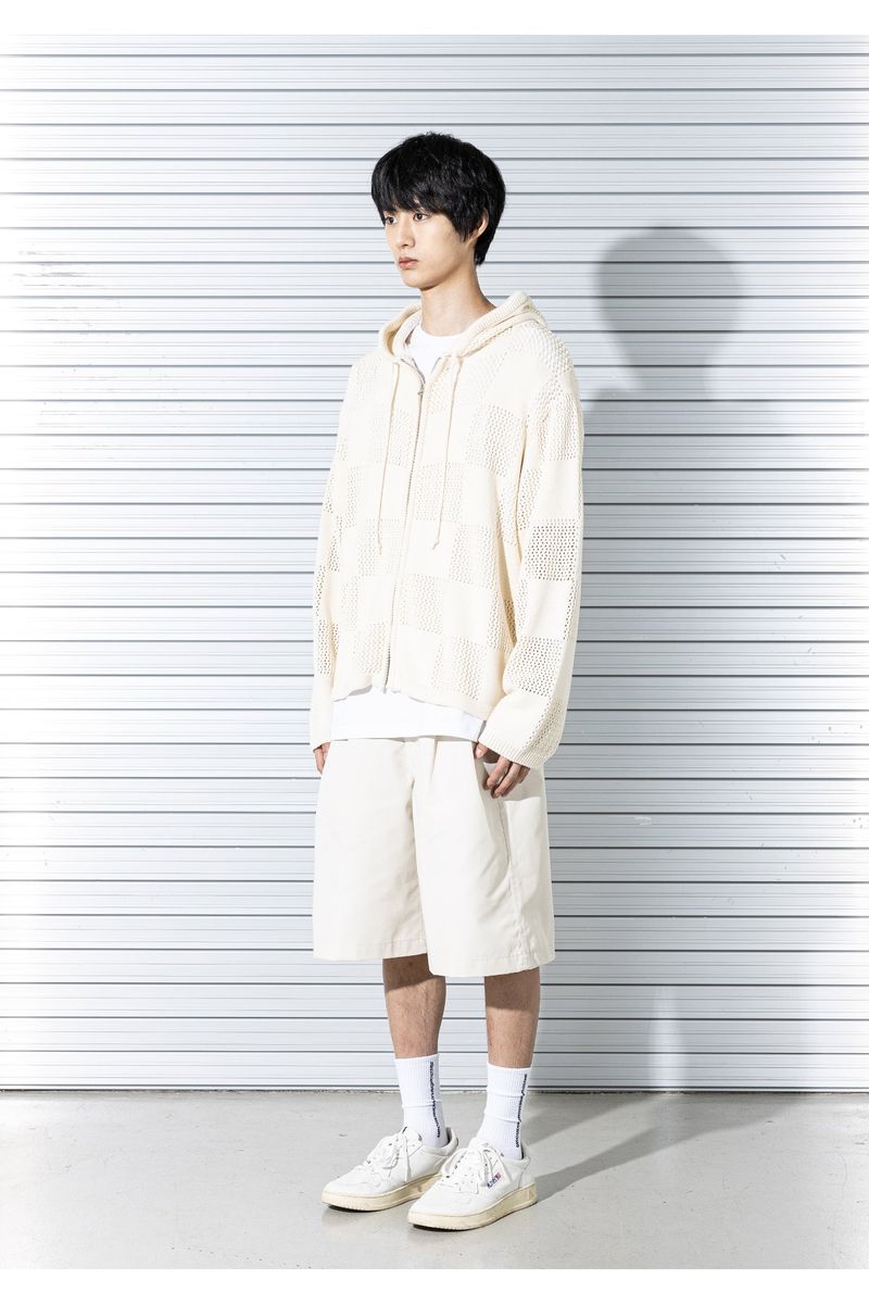 CHECKERBOARD MESHED ZIP-UP KNIT