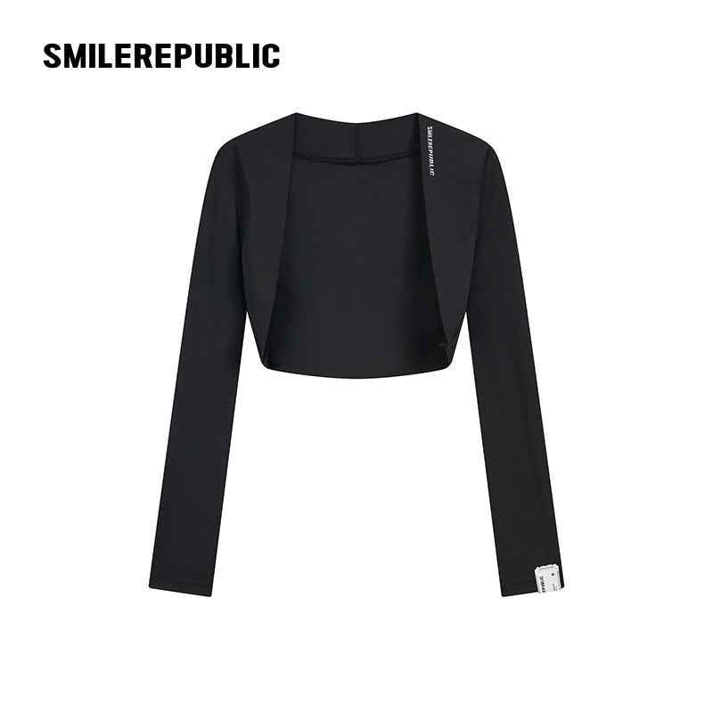 SMILEREPUBLIC（スマイルリパブリック）の「ブラック ストレッチ クロップド オープンフロント 長袖ボレロ レディース（トップス）」