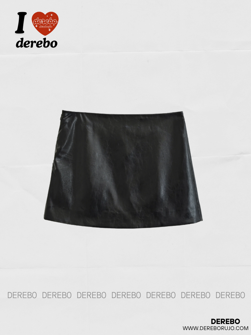 Olive leather A-line mini skirt