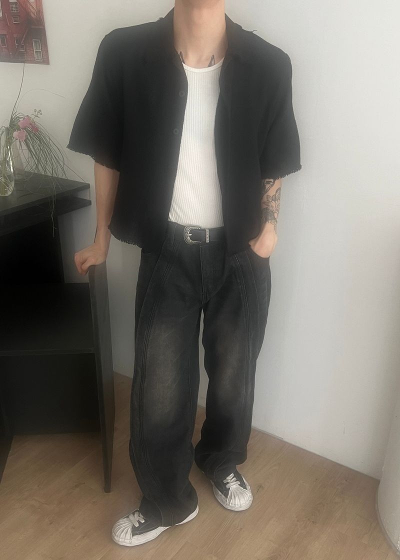 Wave-washed incision wide denim(2colors)