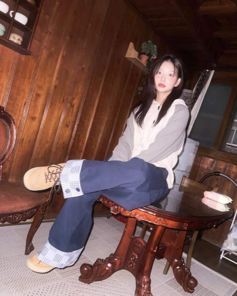 (2color) Check Button Roll-Up Wide Pants
