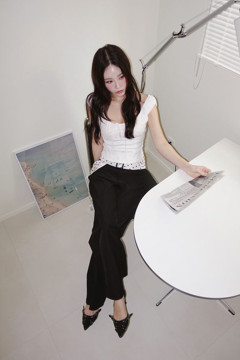 Dot Scarf Belt Long Slacks Pants