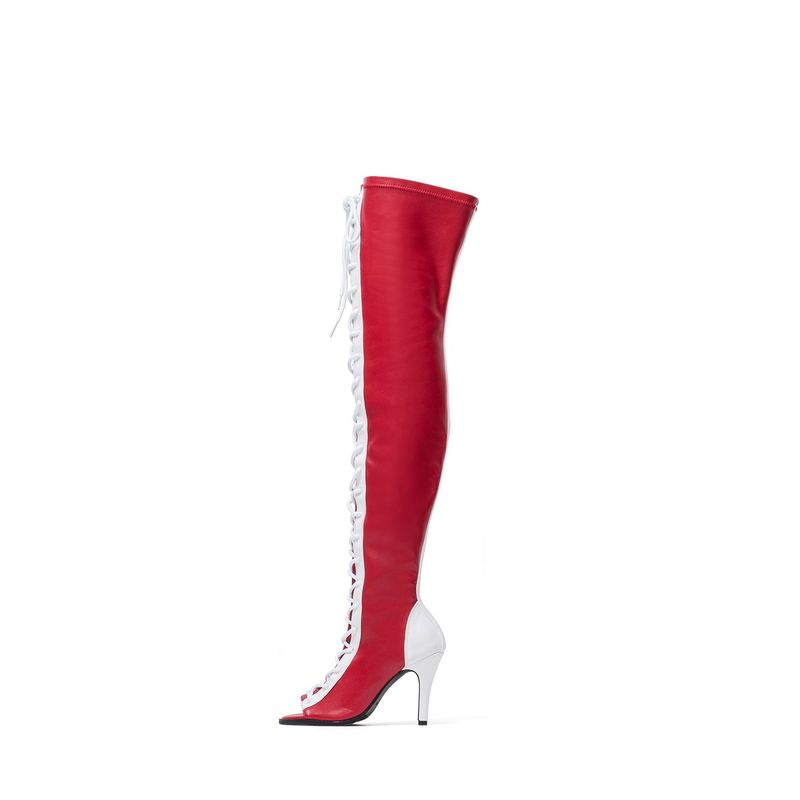 Thigh High Shoelace Point Boots Heel(Red)