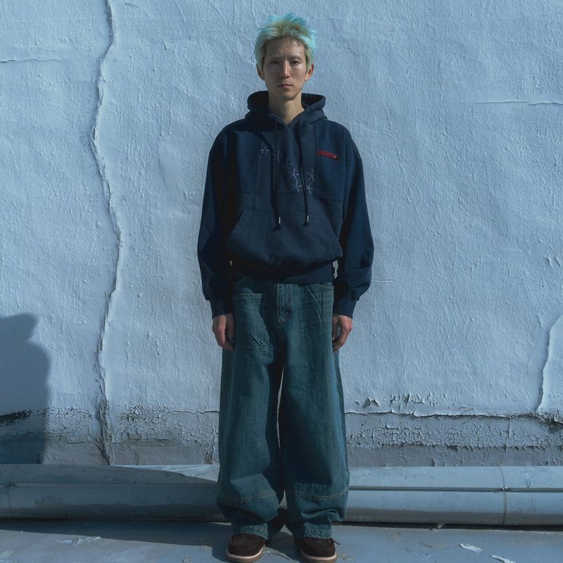 Grid hoodie / Washed navy