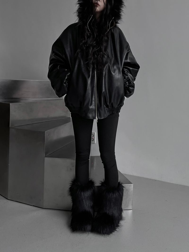 overfit fur hood leather jacket
