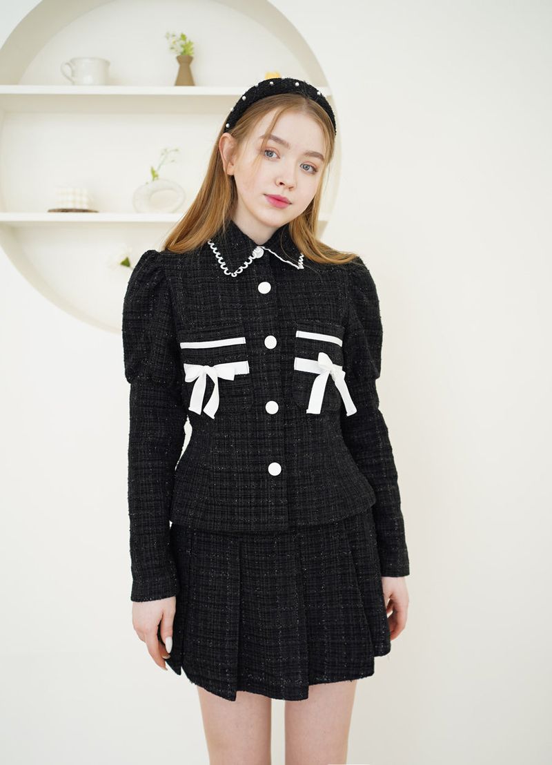 set tweed romantic jacket skirt black