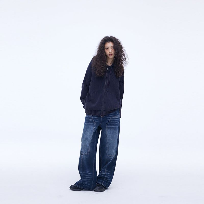 Double Knee Carpenter Wide Denim Pants Blue