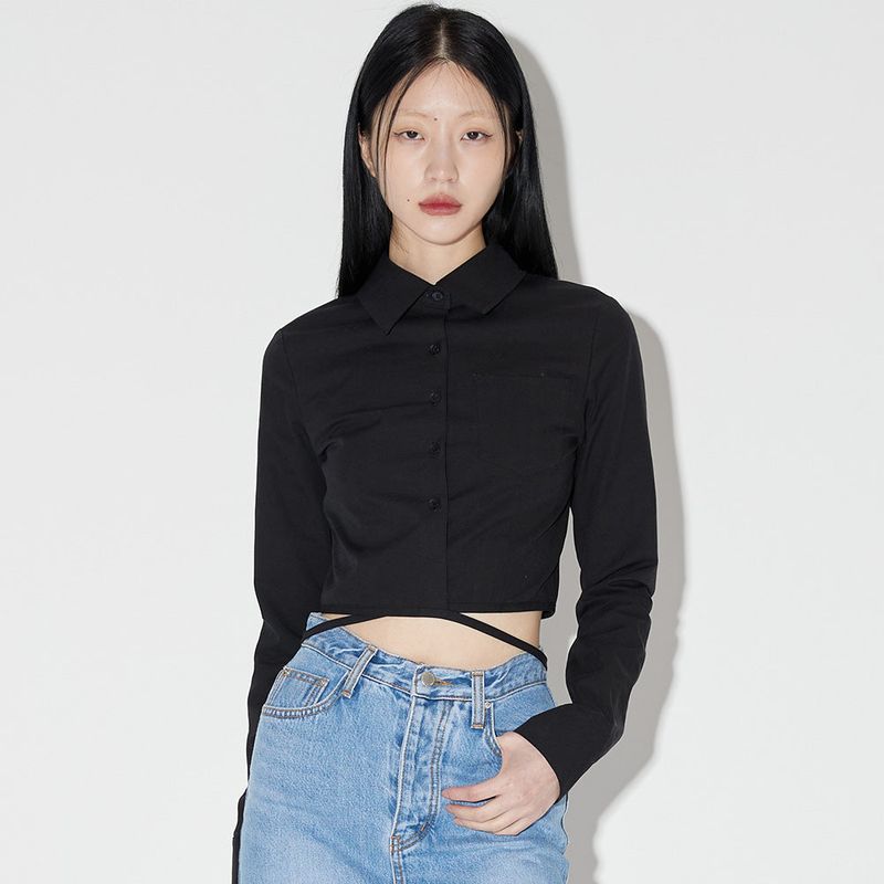 クロップレースアップリボンシャツ / Crop Lace-Up Ribbon Shirt [BLACK]