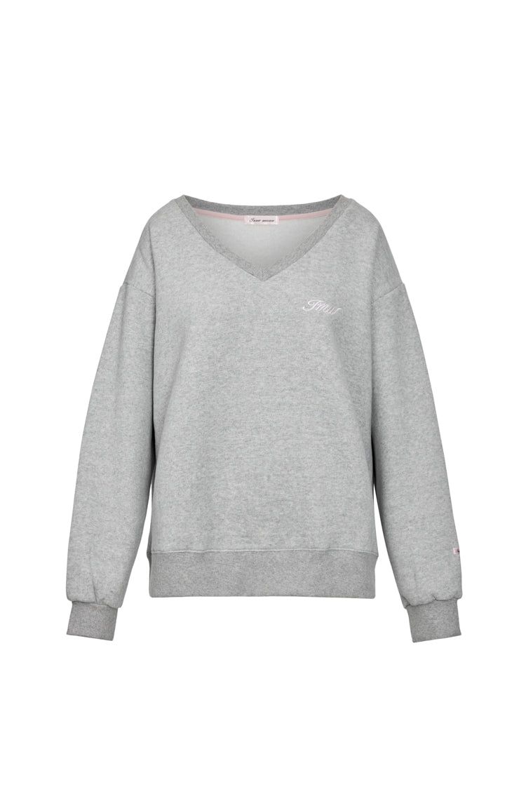 Lettering Deep V-Neck Sweatshirt (MELANGE GREY)