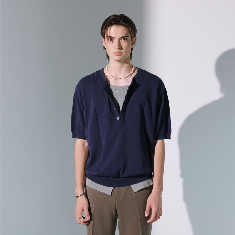 S SY(エスエスワイ)の「unveil henley neck layerd knit navy(Tops)」