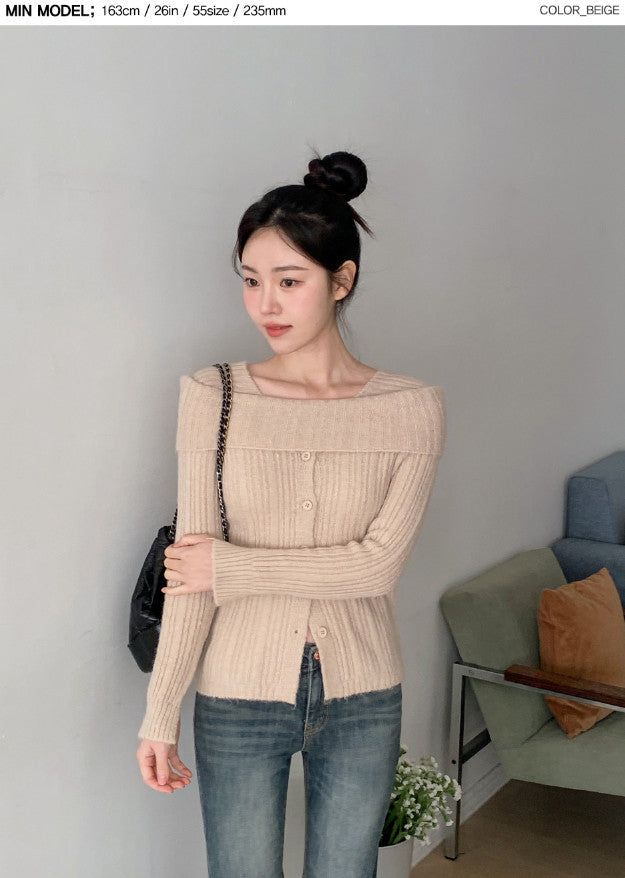 #Romantic Rib Off Shoulder Button Knit (3color)