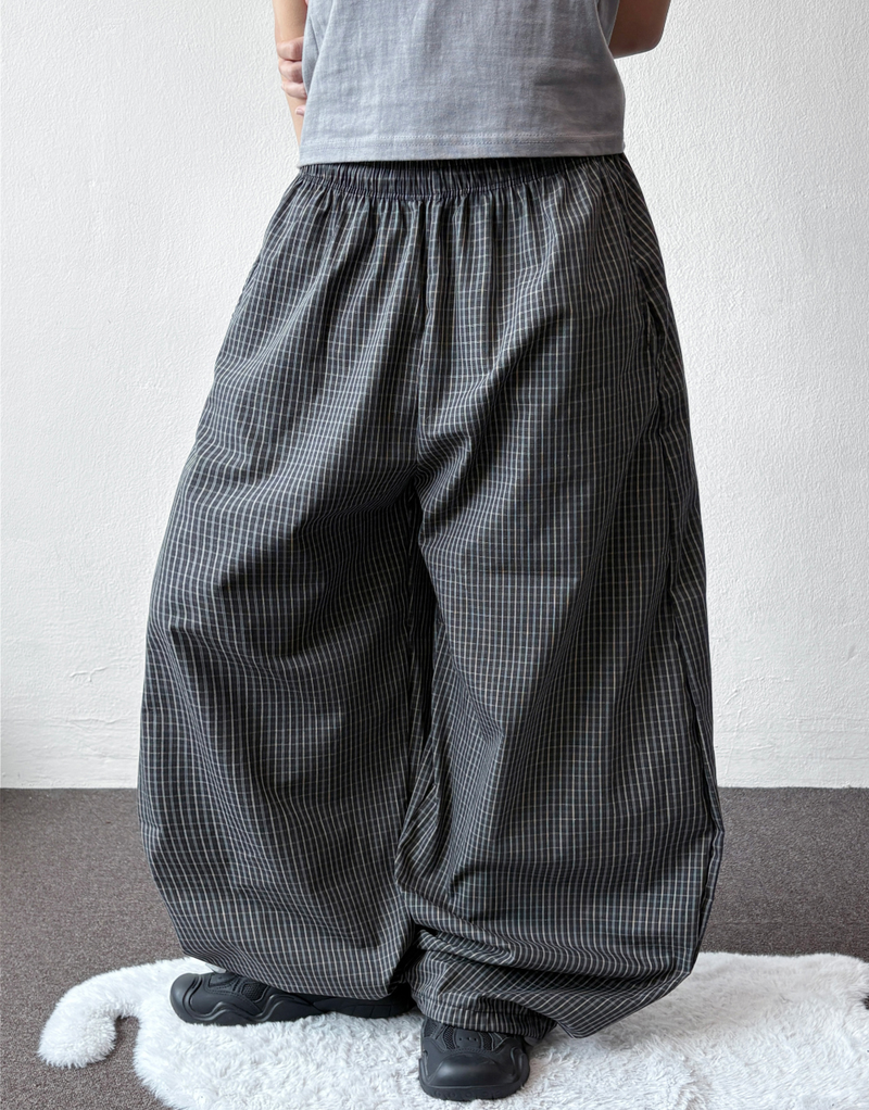 Fluffy Check Elastic Waist Balloon Pants 2Color