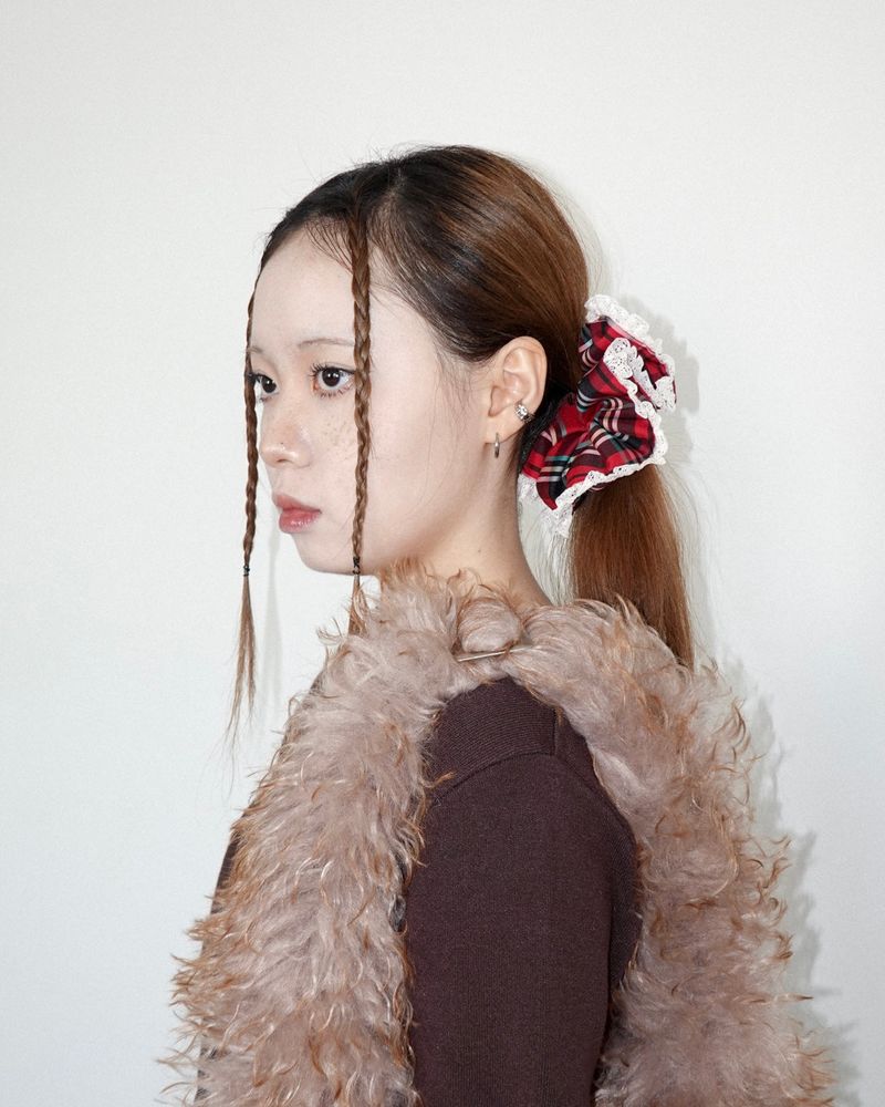 Tartan-check ruffle scrunchie