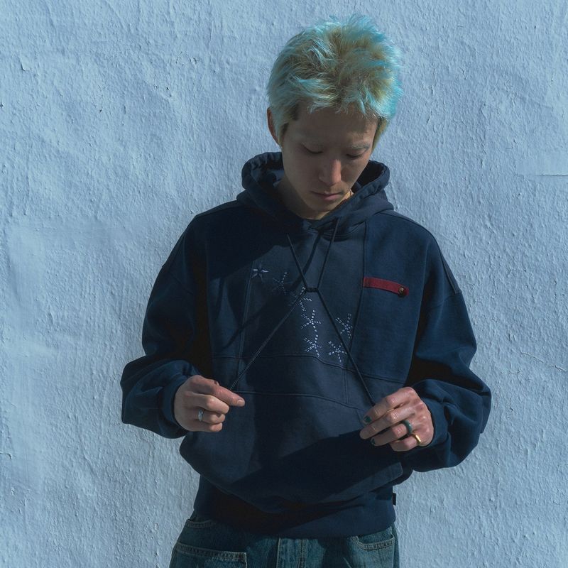 Grid hoodie / Washed navy
