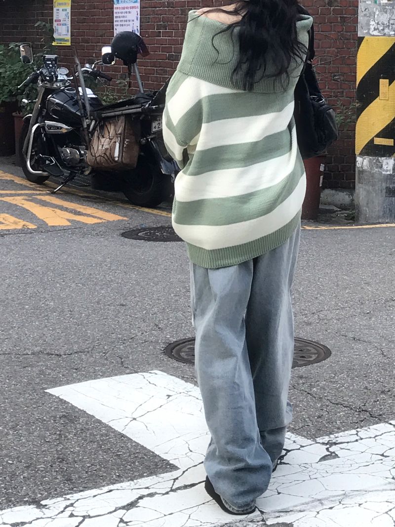 Off-shoulder Oversized Fit Stripe Knitwear