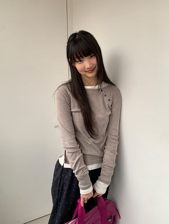 カニットダイアゴナルボタンラウンド長袖Tシャツ