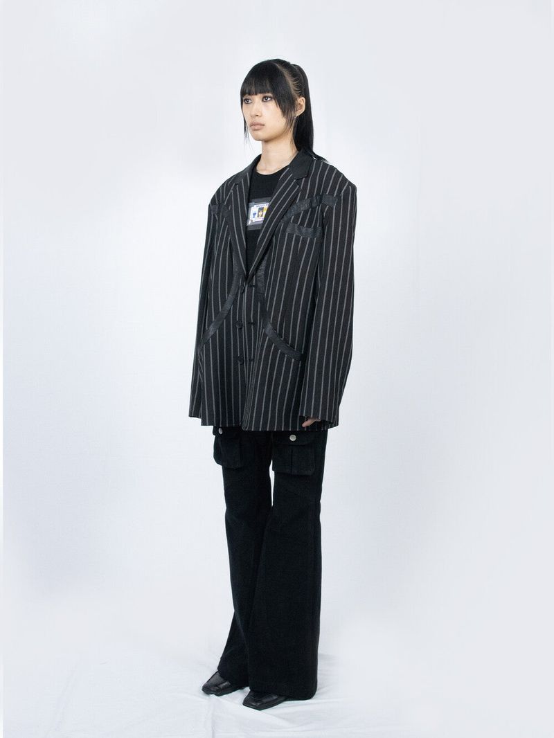 Circle Leather Patch Blazer (Black Stripe)