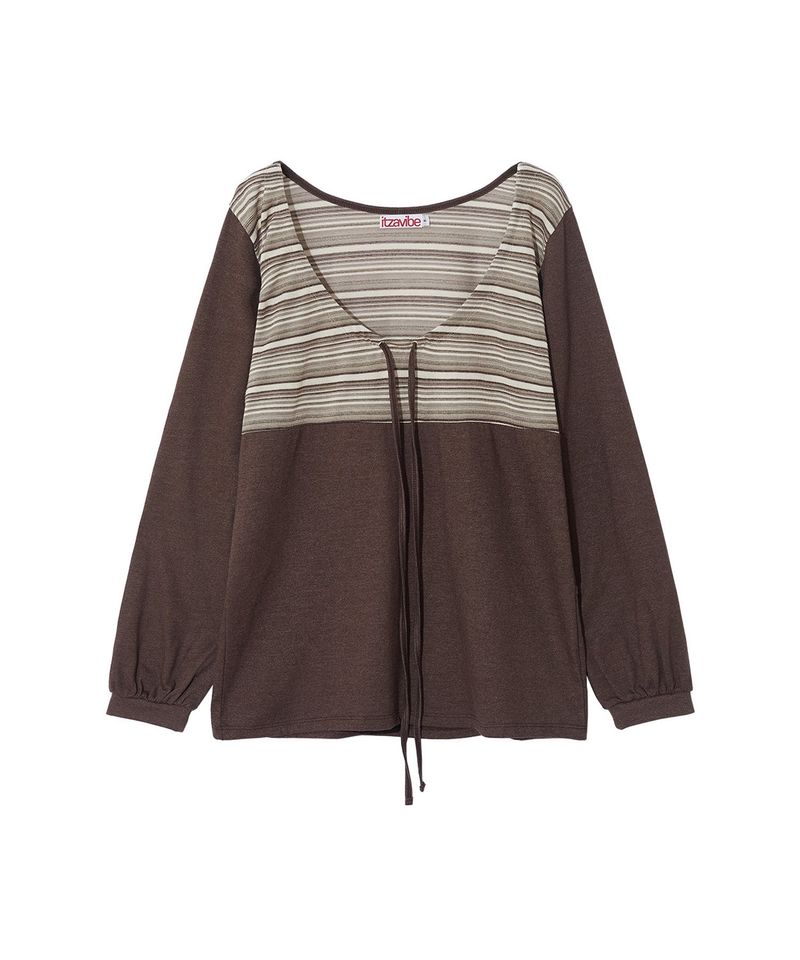 STRING STRIPE SHIRRING LONG SLEEVE - BROWN
