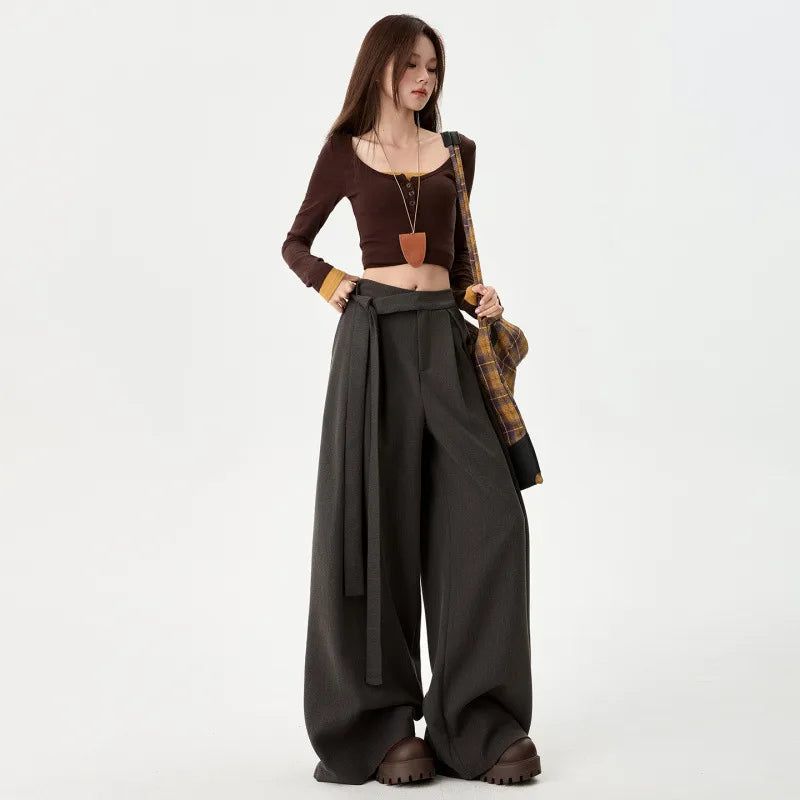 Gray Draped High Waist Wide Leg Slacks