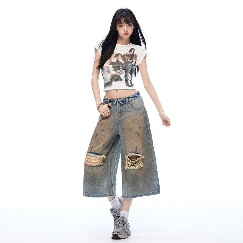 Grunge Vintage Distressed Wide-Leg Cropped Jeans