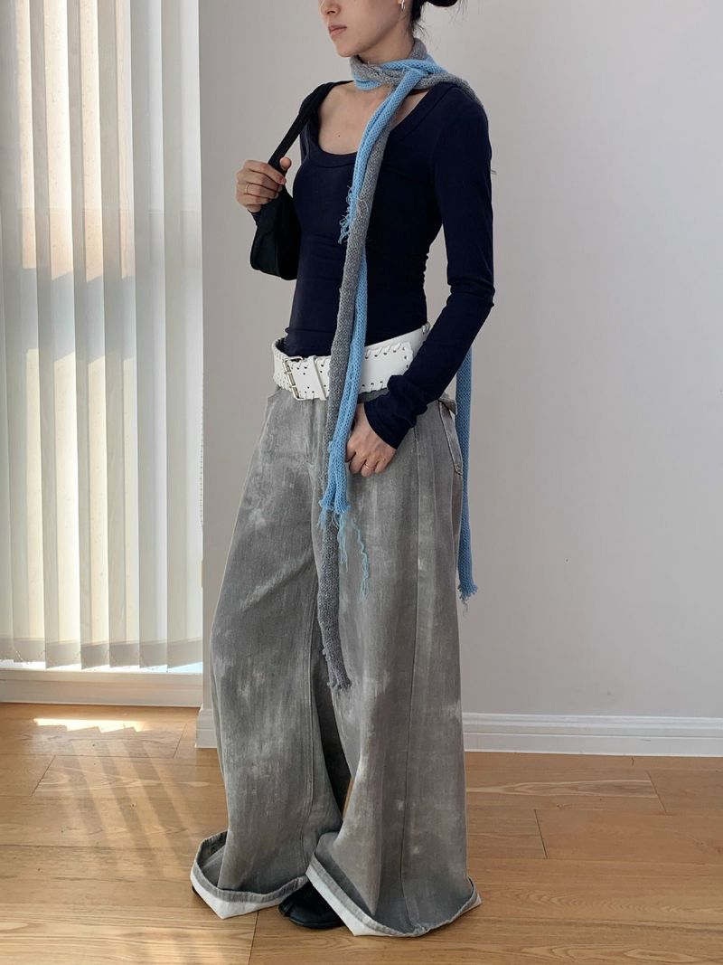Gray washed wide cotton pants