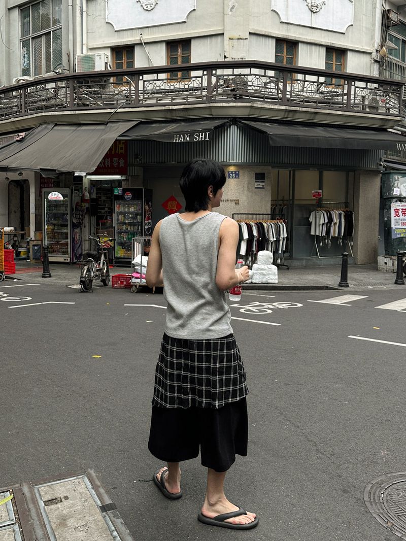 Ciel Check Shirt Layered Bermuda Pants