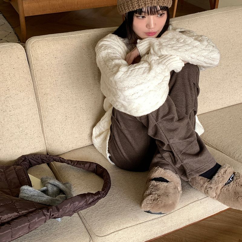 Felson ribbed layered pleated shirring slim long pants
