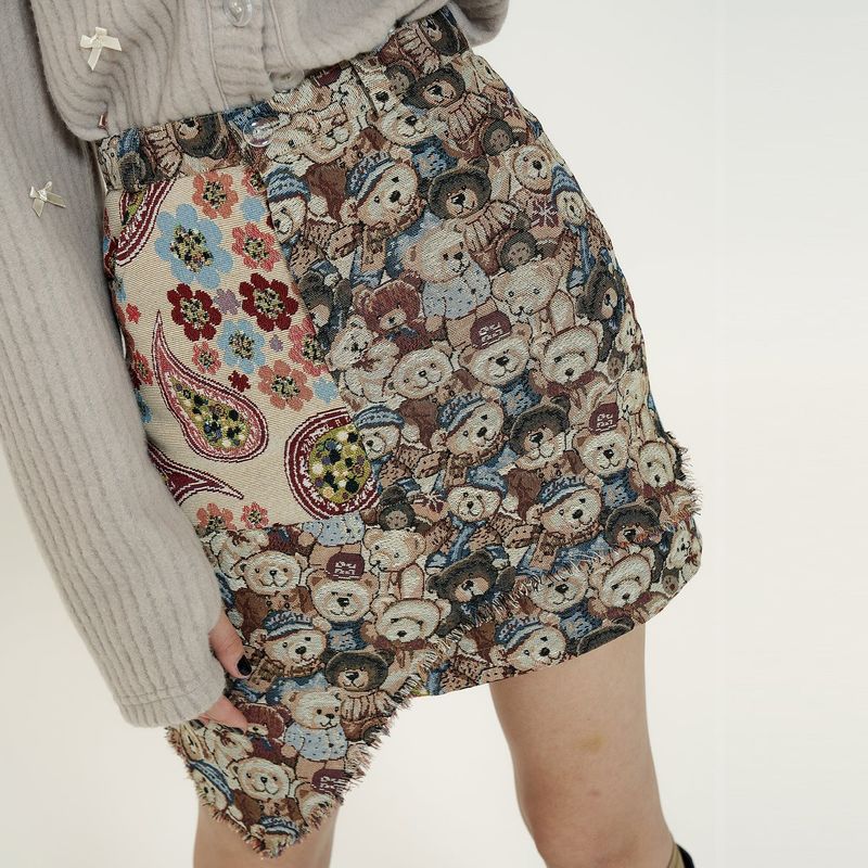Jacquard Skirt [Beige_Bear+Flower]