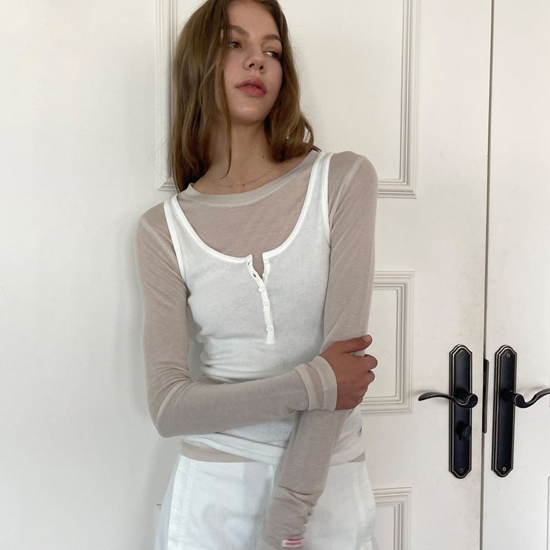 RAVEROUS（レイバロス）の「Sheer Tencel T/Shirts_Beige（Tops）」