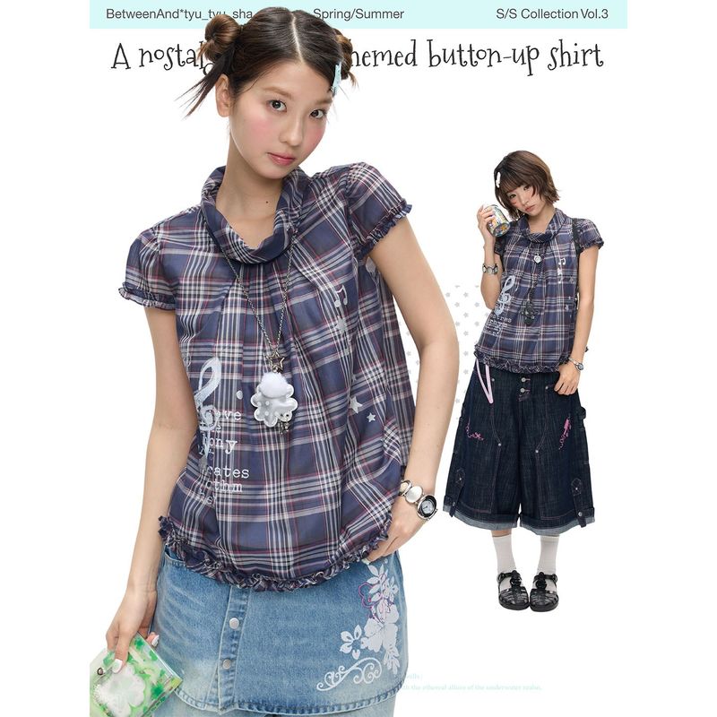 BETWEENAND（ビトゥウィーンアンド）の「BETWEENAND ”ミュージカルノーツメモリー”レトロチェック パフスリーブトップス（トップス）」