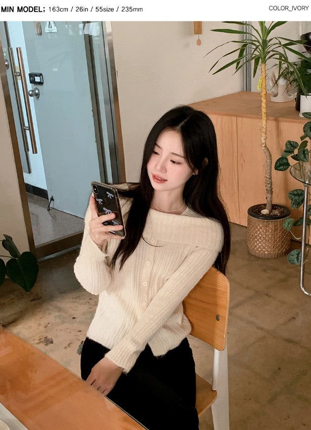 #Romantic Rib Off Shoulder Button Knit (3color)