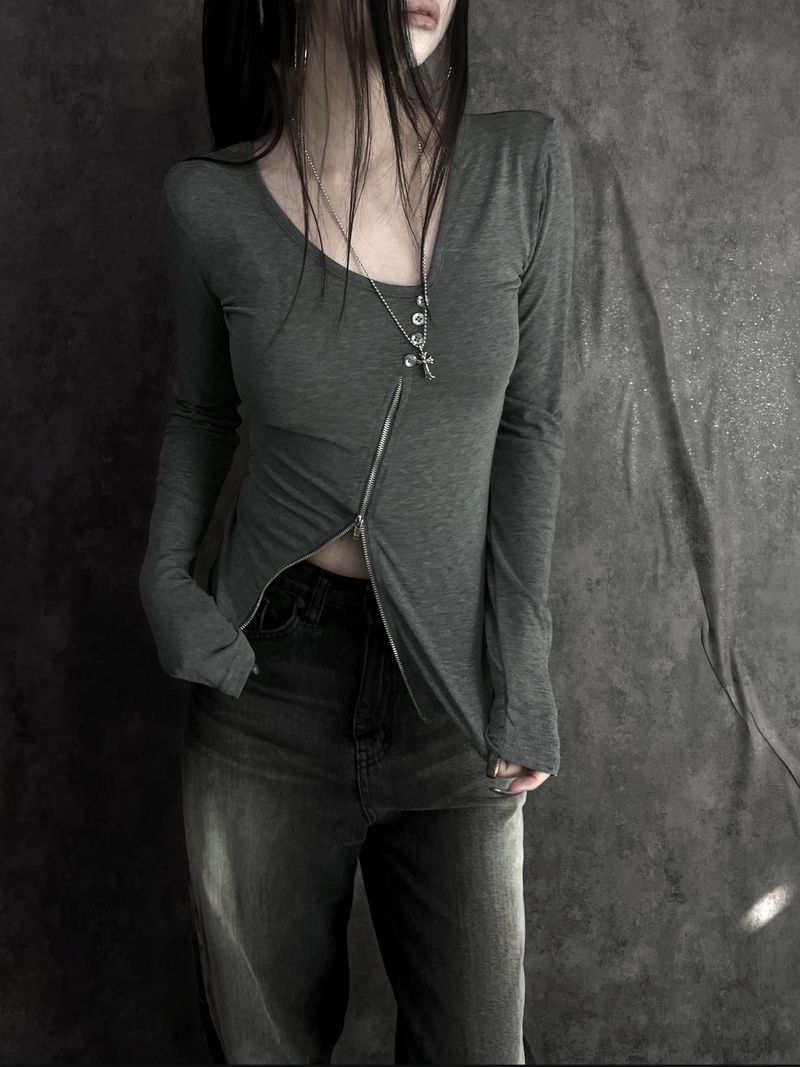 diagonal zipper button T (2color)