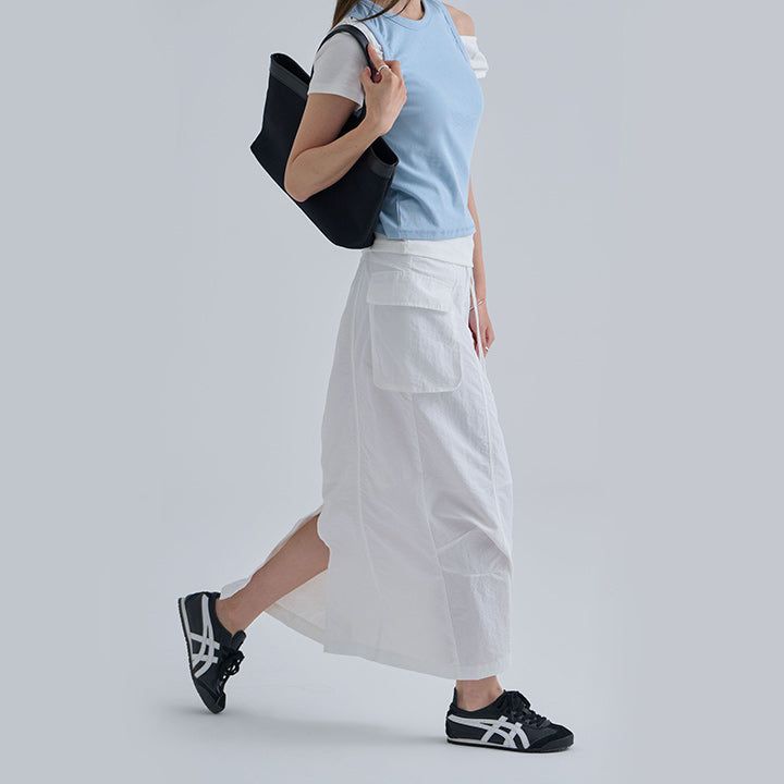  [made/free.xl] [Cheney] String A-Line Cargo Nylon Slit Long Skirt -5color