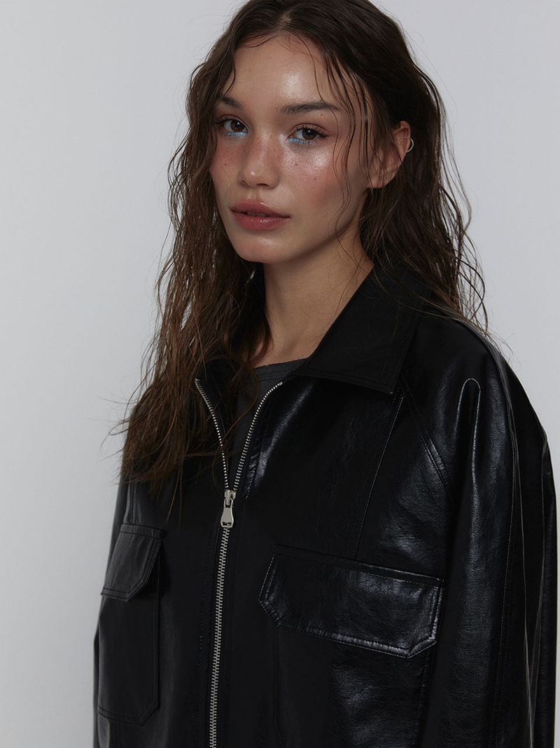 Eco Leather Bomber Jacket_Black