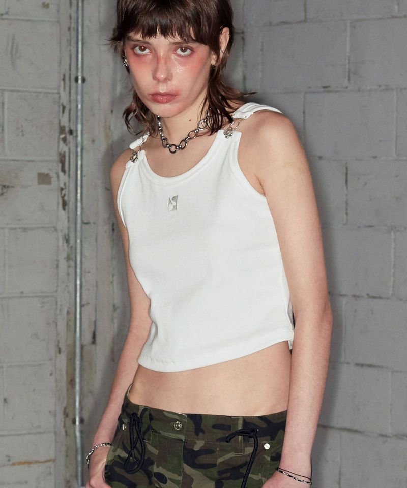 NOTKNOWING（ノットノーイング）の「Suspender Crop Tank Top (WHITE)（Tops）」
