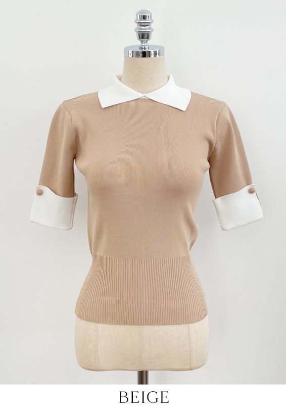 Ez Color Matching Button Short Sleeve Collar Knit