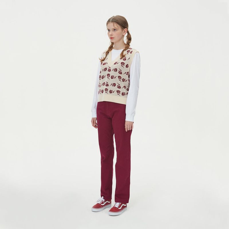 FLOWER JAQUARD KNIT VEST_BEIGE