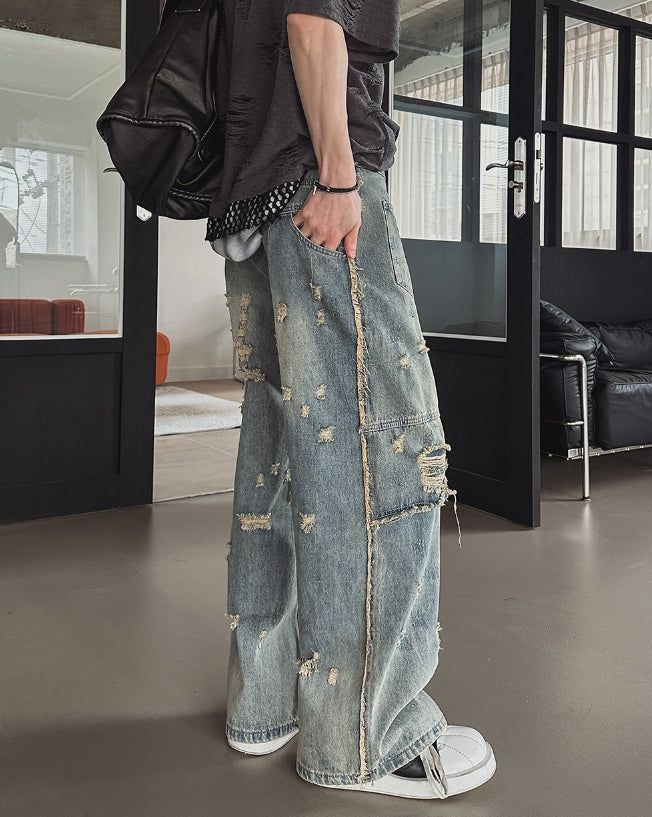 Clay Mud Washed Damaged Wide Denim