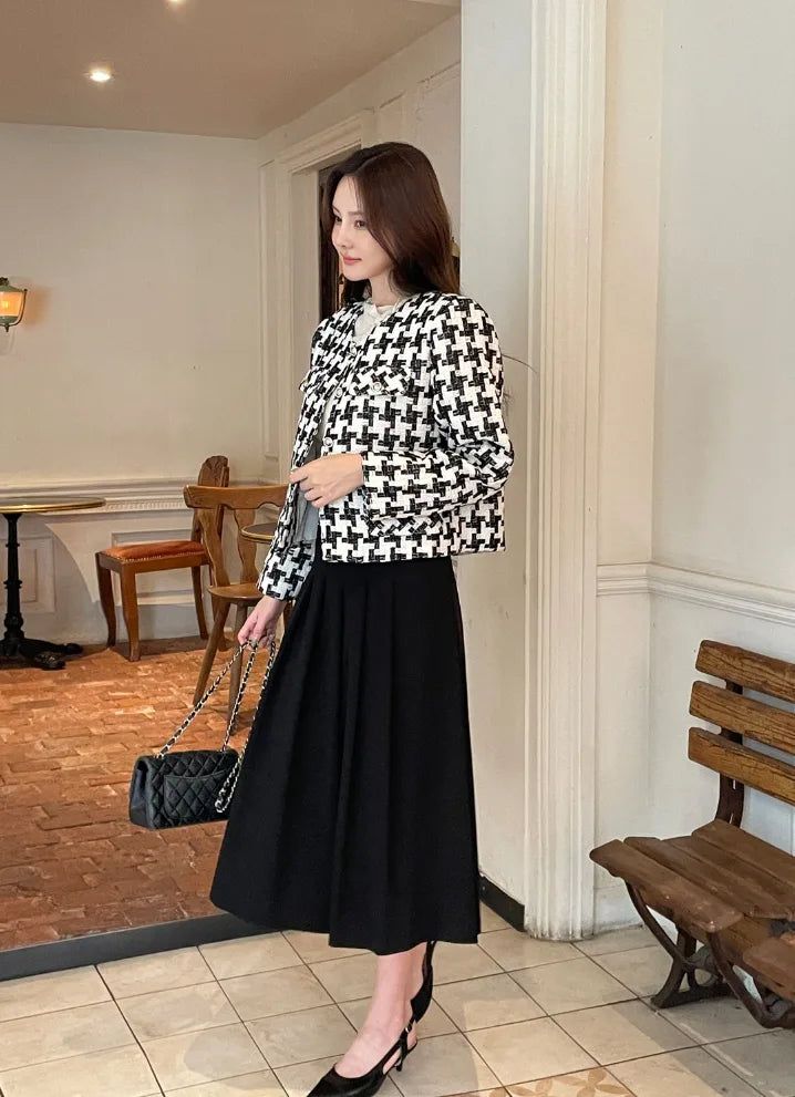 Carson Round-Neck Check Tweed Jacket