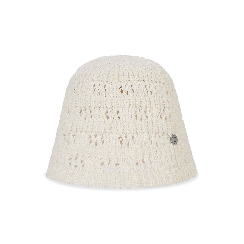 VA Curved Oval Metal Floral Punching Knit Bucket Hat / Cream