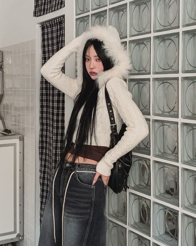 Rinco Cable Knit Fur Hood Zip-Up