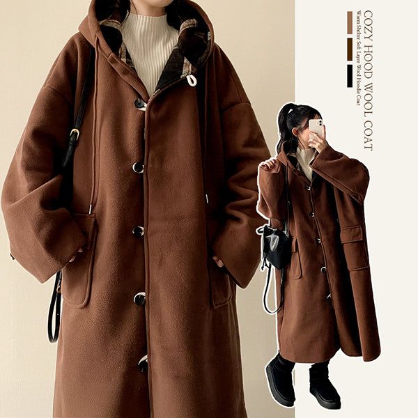 Melty King Bakshi woolen pocket long hooded coat