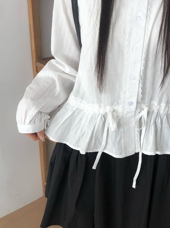 Ash Lace Waist Ribbon Strap Blouse