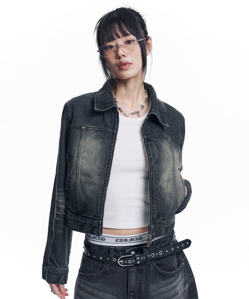 Washed Crop Track Denim Jacket - Black