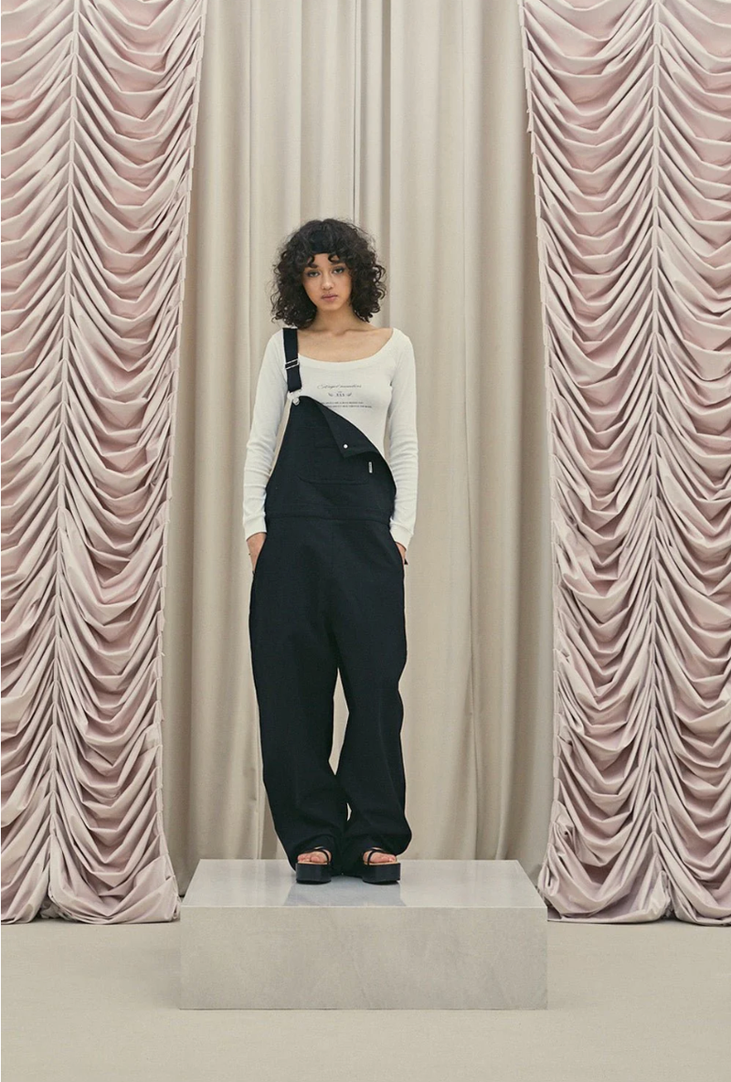 Frill baggy overalls - black